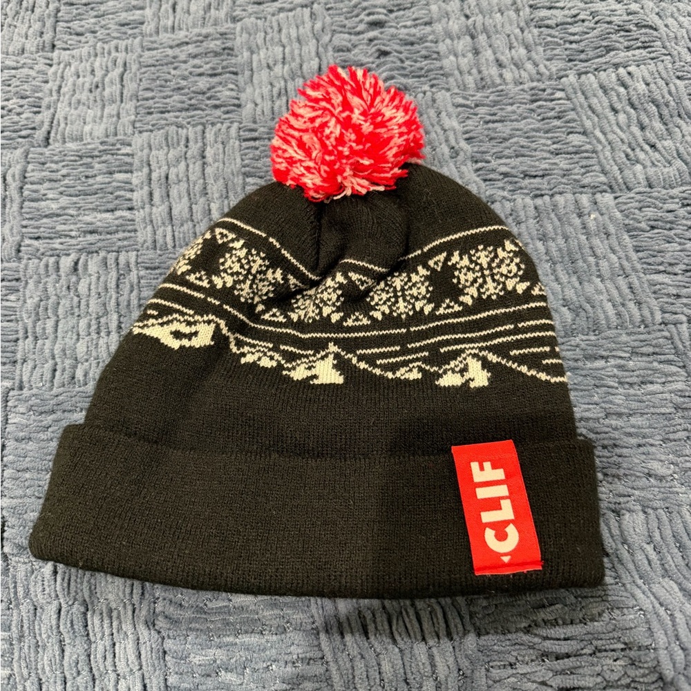 CLIf Black and Red Pom-Pom Beanie
